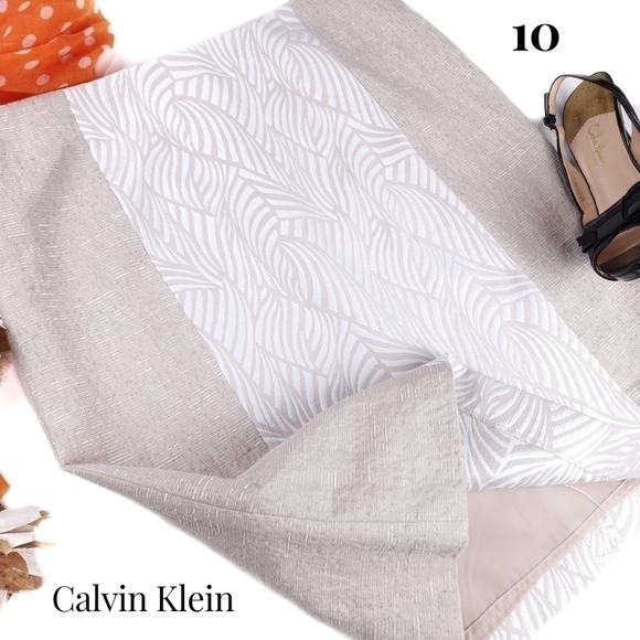 New Calvin Klein Beige Off White Patterned Skirt Sz 10 - Picture 1 of 9